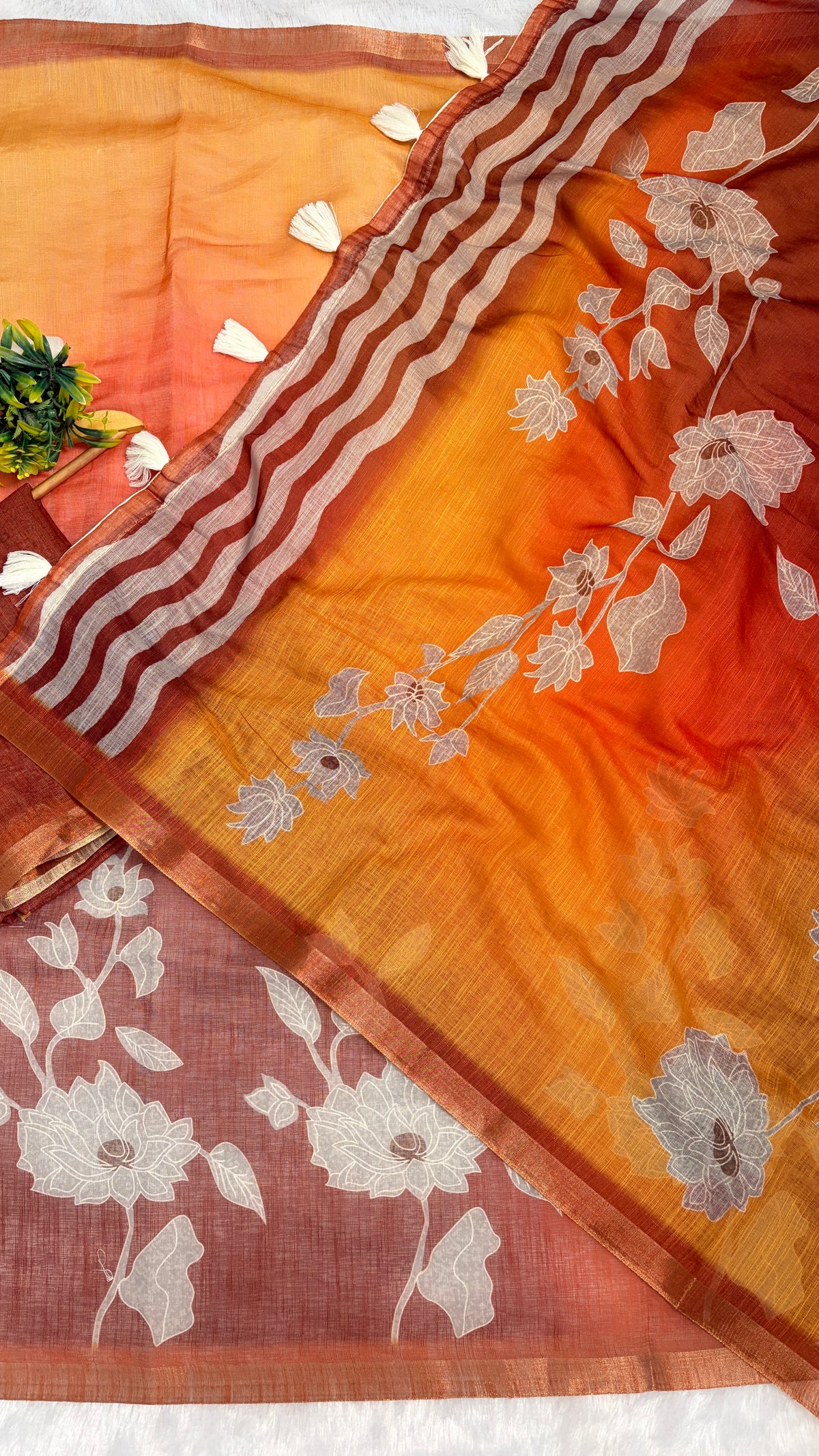 Cotton Linen Orange with Yellow Dual Color with Flower Print Saree