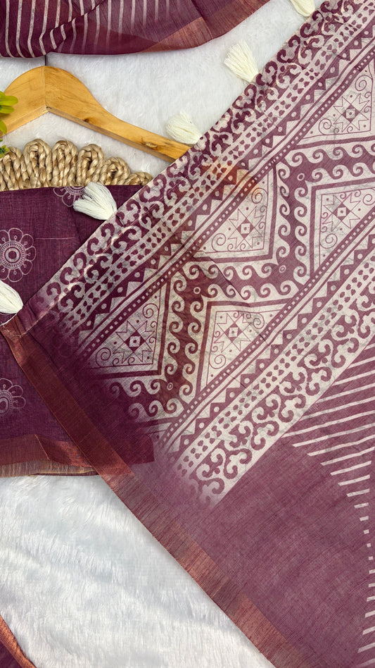 Cotton Linen Wine Color with Lines and Abstract Print Saree