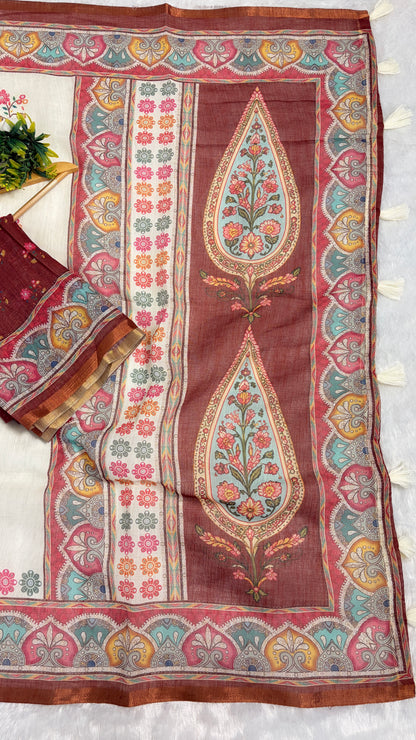 Cotton Linen Multicoloured Royal Heavy Printed Saree