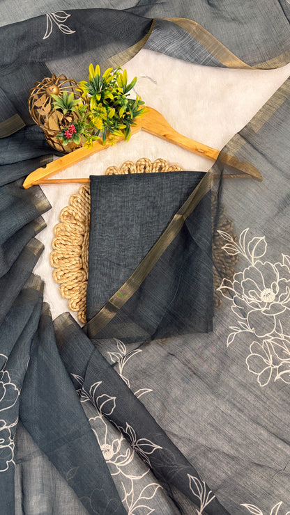Cotton Linen Teal Blue Color Tone with Flower Print saree