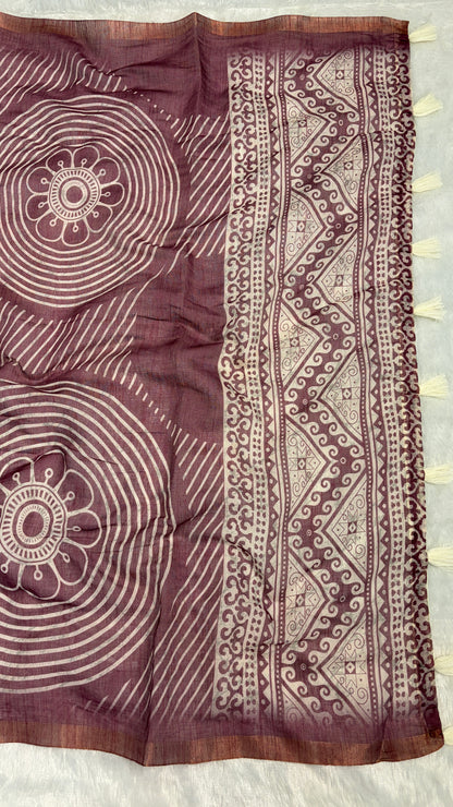 Cotton Linen Wine Color with Lines and Abstract Print Saree