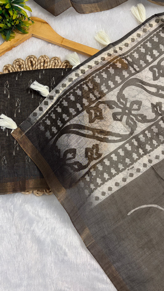 Cotton Linen Bottle Green Color Saree