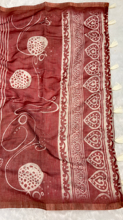 Cotton Linen Dusty Pink Color With Abstract Print Saree