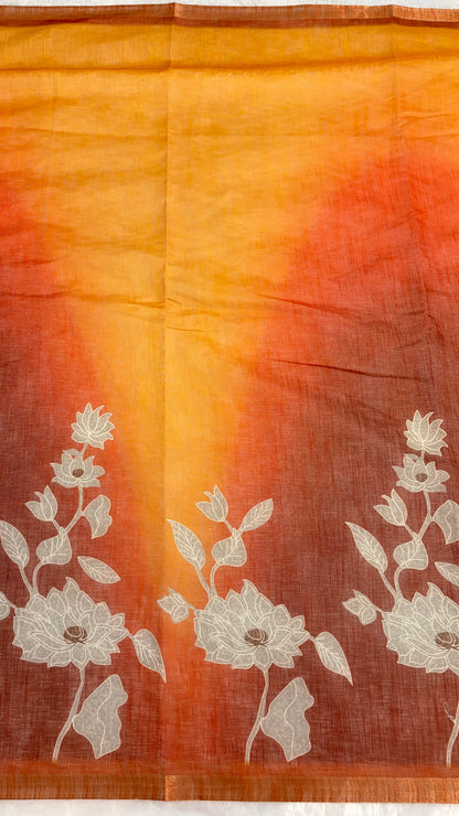 Cotton Linen Orange with Yellow Dual Color with Flower Print Saree