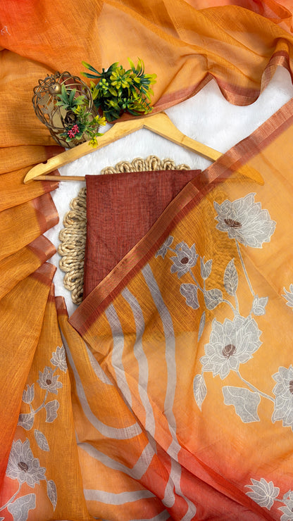 Cotton Linen Orange with Yellow Dual Color with Flower Print Saree