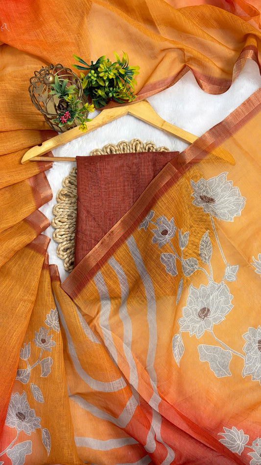 Cotton Linen Orange with Yellow Dual Color with Flower Print Saree
