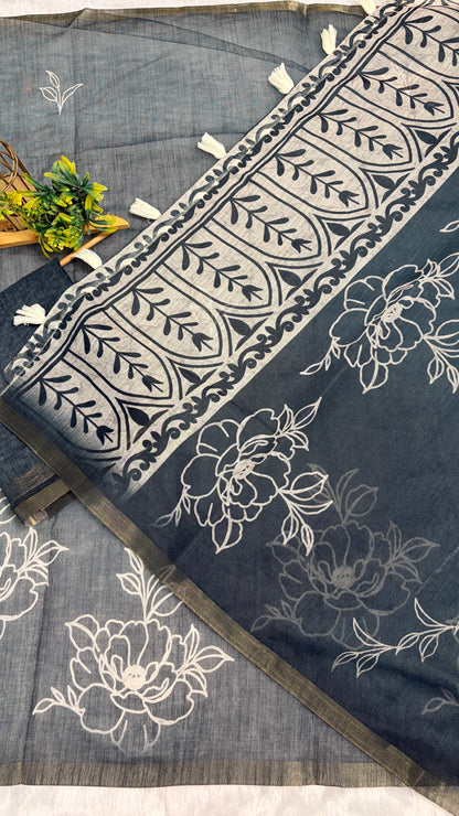 Cotton Linen Teal Blue Color Tone with Flower Print saree
