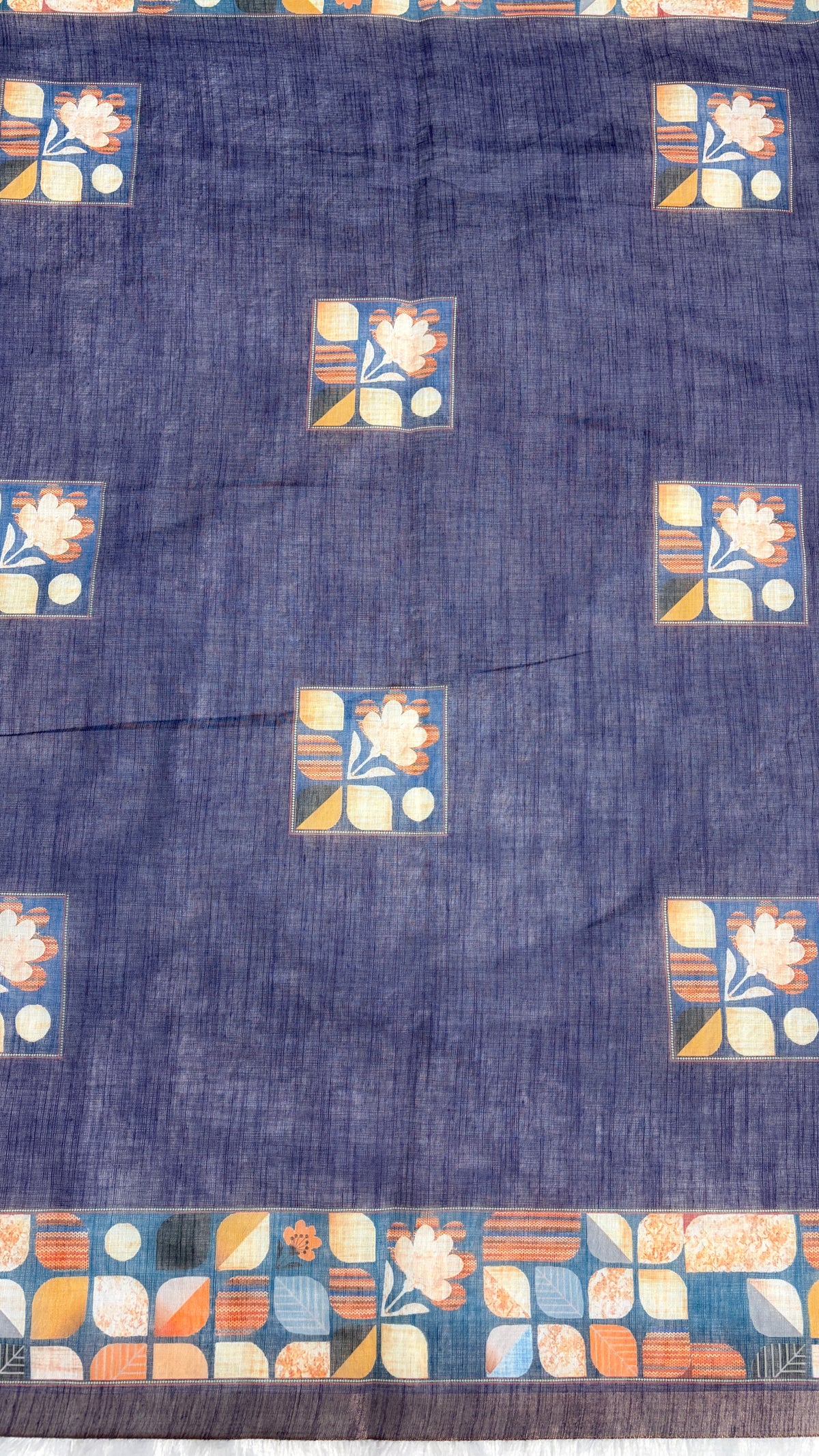 Cotton Linen Bright Ink Blue Color with Abstract Print Saree