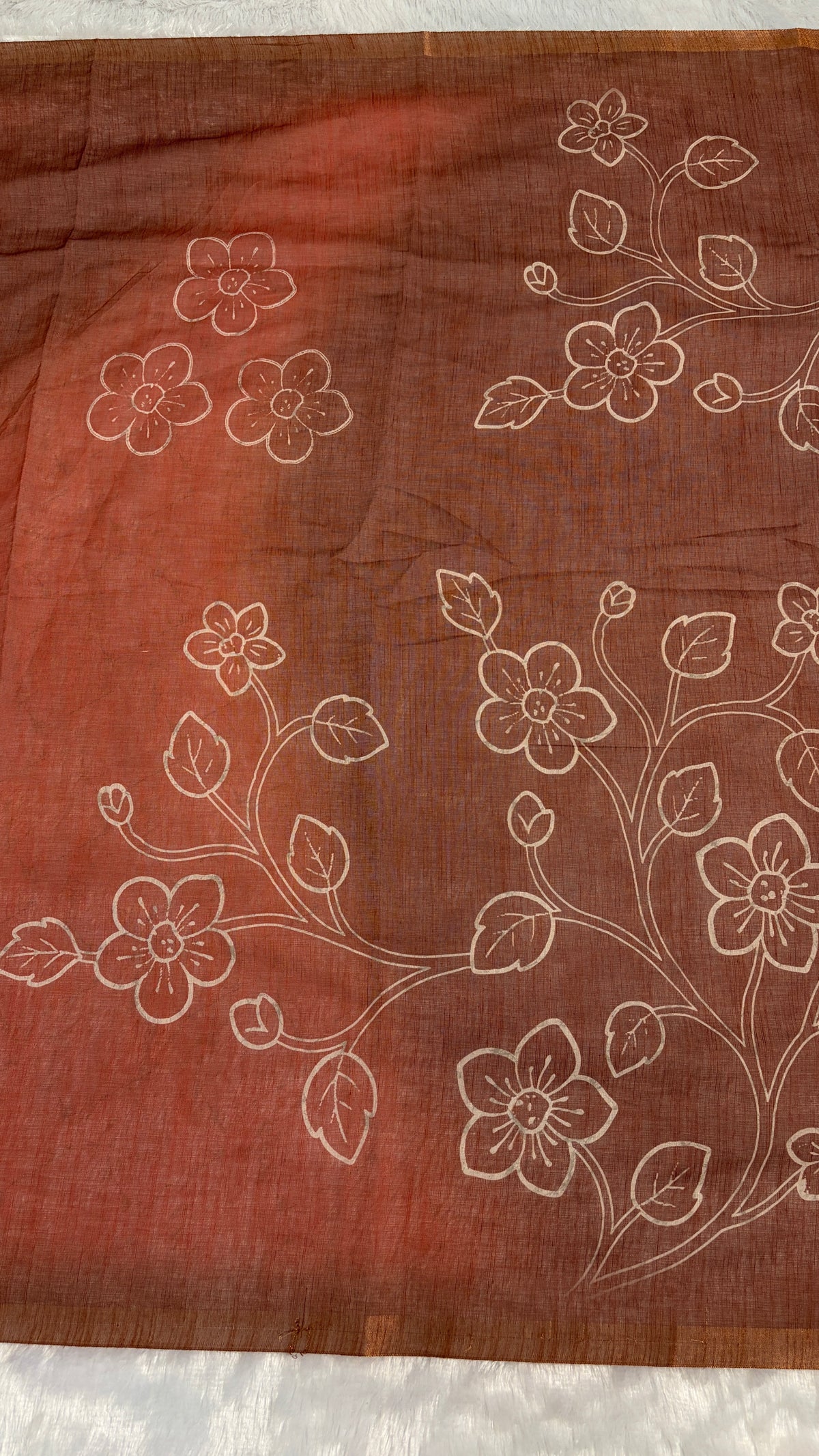 Cotton Linen Rust with Orange Dual Color Flower Print Saree