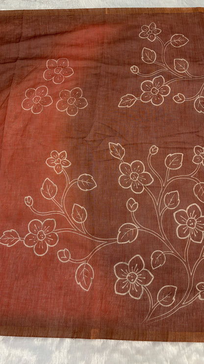 Cotton Linen Rust with Orange Dual Color Flower Print Saree