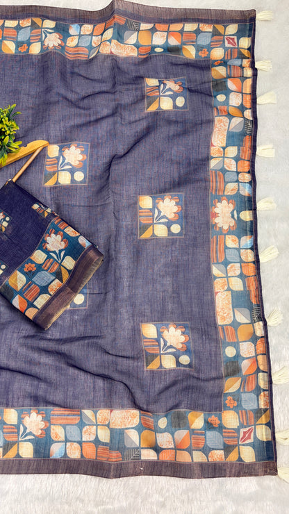 Cotton Linen Bright Ink Blue Color with Abstract Print Saree