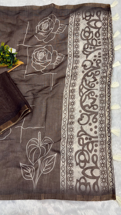 Cotton Linen Brown with Mehendi Tone Color Flower Print Saree￼