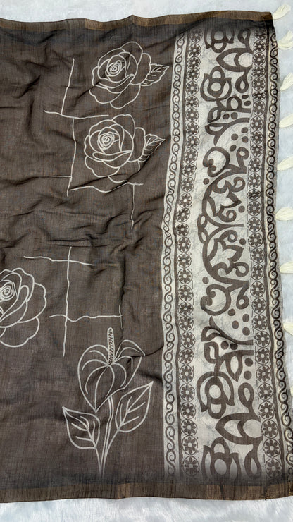 Cotton Linen Brown with Mehendi Tone Color Flower Print Saree￼