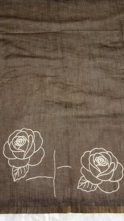 Cotton Linen Brown with Mehendi Tone Color Flower Print Saree￼