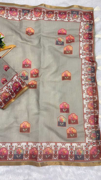 Cotton Linen Light Pista Color Abstract Print Saree