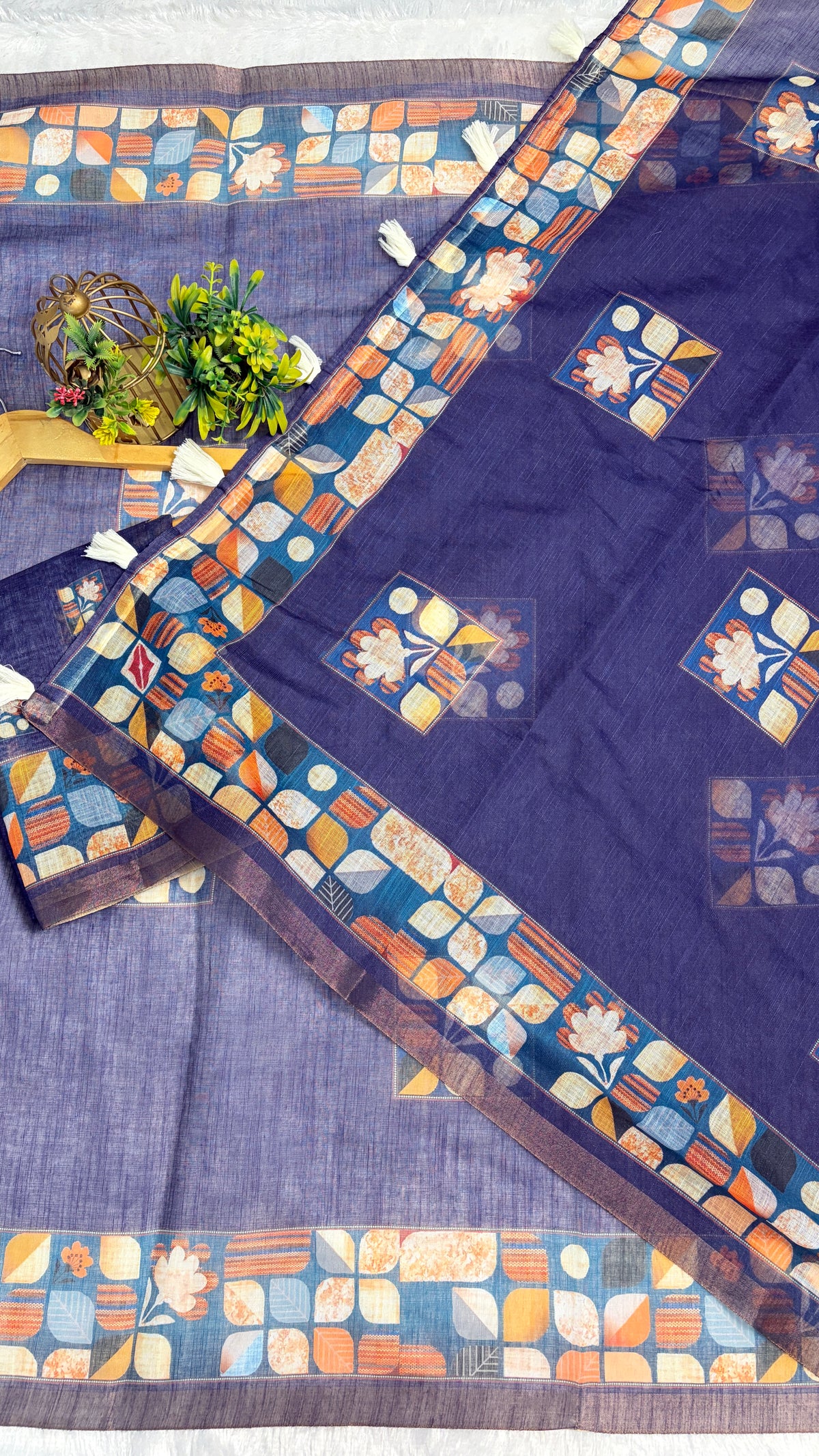 Cotton Linen Bright Ink Blue Color with Abstract Print Saree