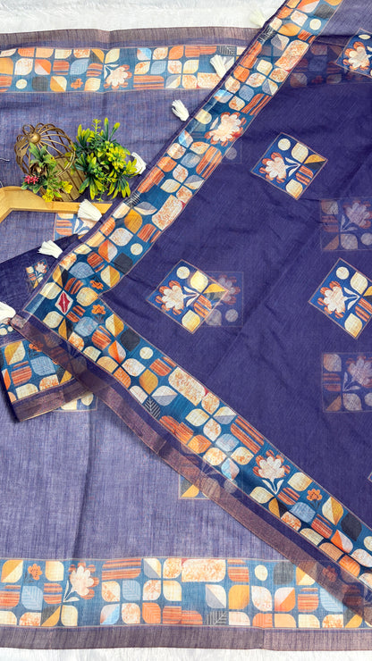 Cotton Linen Bright Ink Blue Color with Abstract Print Saree