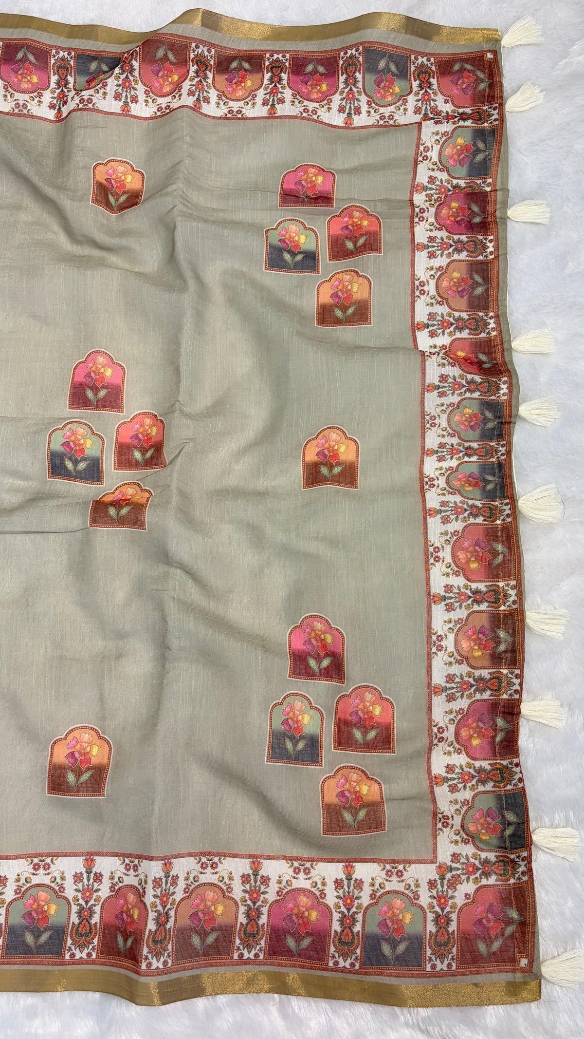 Cotton Linen Light Pista Color Abstract Print Saree