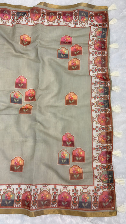 Cotton Linen Light Pista Color Abstract Print Saree