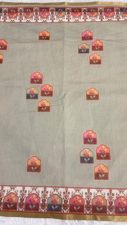 Cotton Linen Light Pista Color Abstract Print Saree