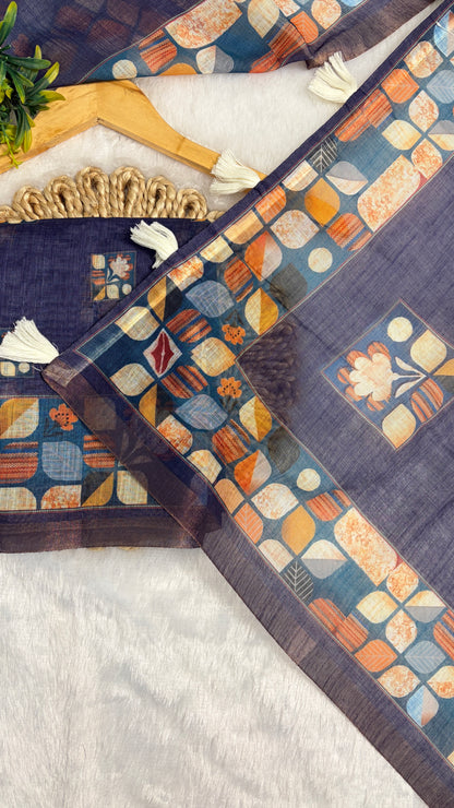 Cotton Linen Bright Ink Blue Color with Abstract Print Saree