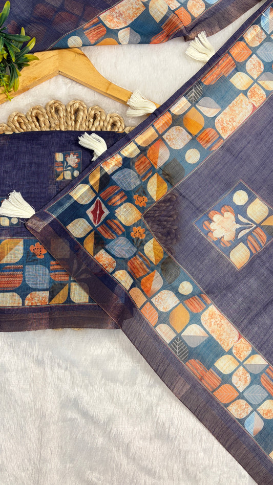 Cotton Linen Bright Ink Blue Color with Abstract Print Saree