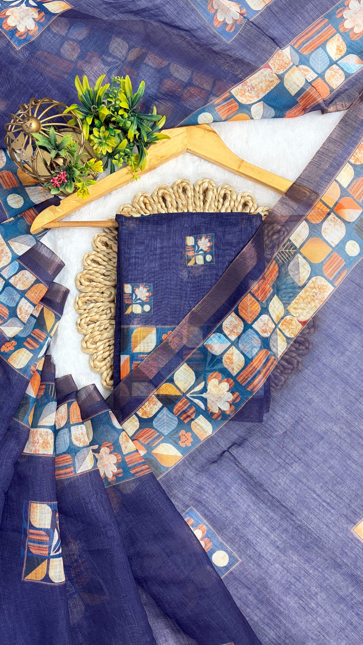 Cotton Linen Bright Ink Blue Color with Abstract Print Saree