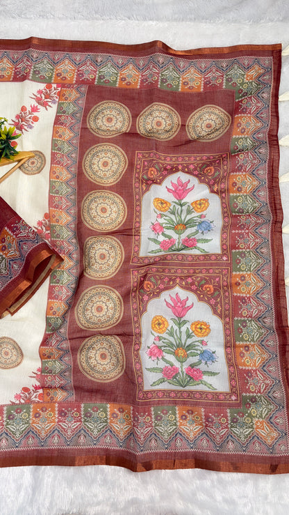 Cotton Linen Multicolor Royal Heavy Print Saree