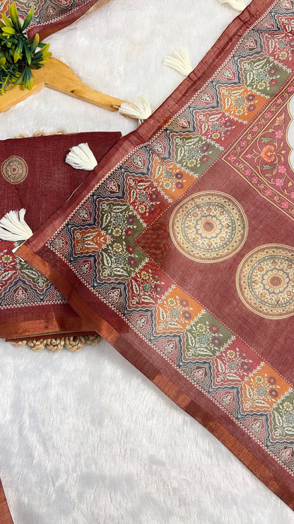 Cotton Linen Multicolor Royal Heavy Print Saree