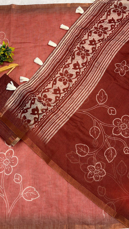 Cotton Linen Rust with Orange Dual Color Flower Print Saree