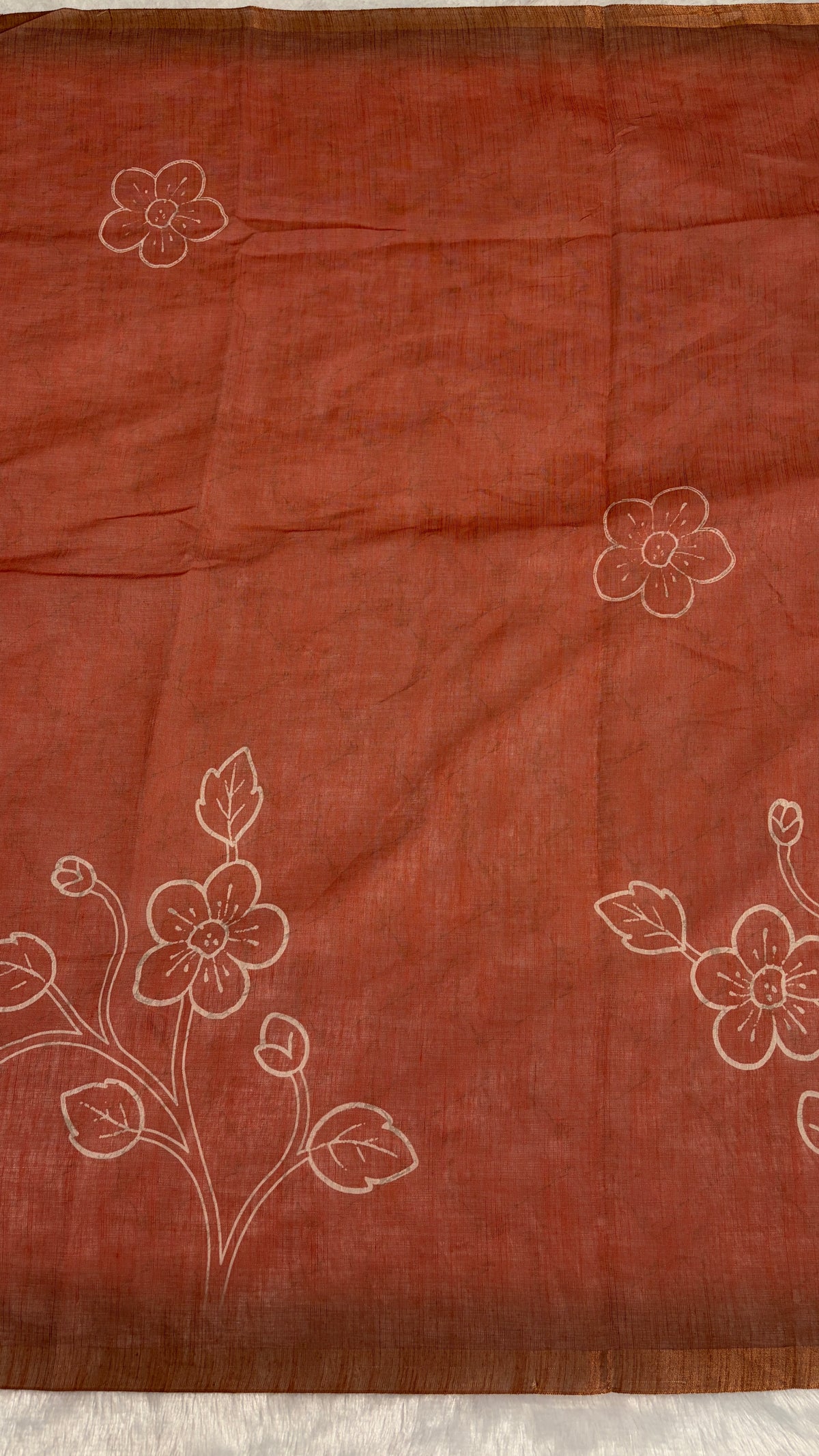 Cotton Linen Rust with Orange Dual Color Flower Print Saree