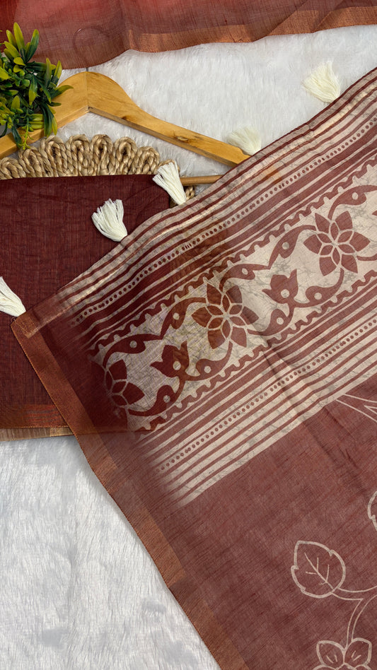 Cotton Linen Rust with Orange Dual Color Flower Print Saree