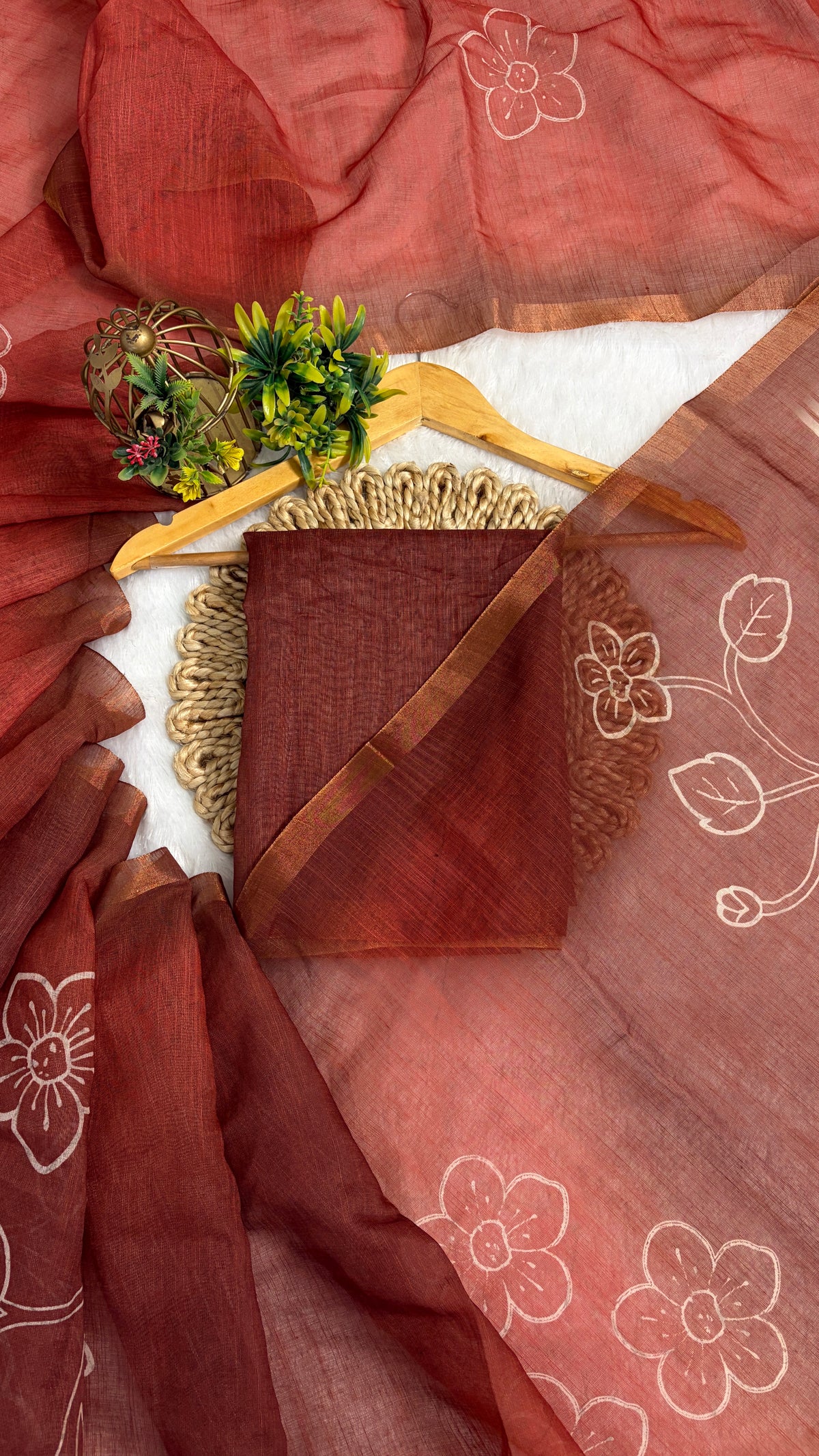 Cotton Linen Rust with Orange Dual Color Flower Print Saree