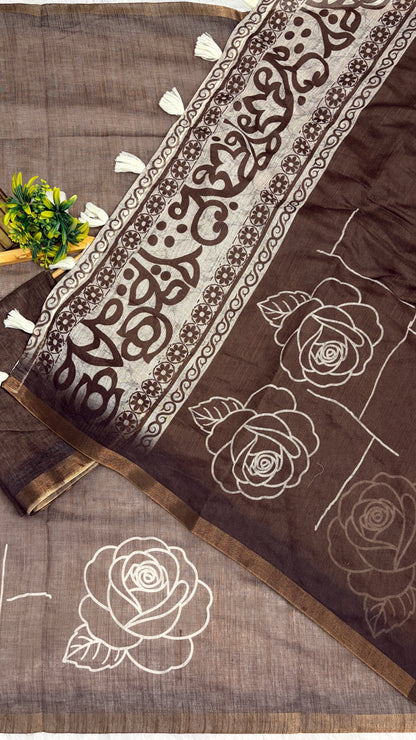 Cotton Linen Brown with Mehendi Tone Color Flower Print Saree￼