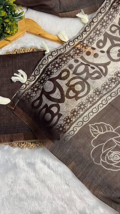 Cotton Linen Brown with Mehendi Tone Color Flower Print Saree￼