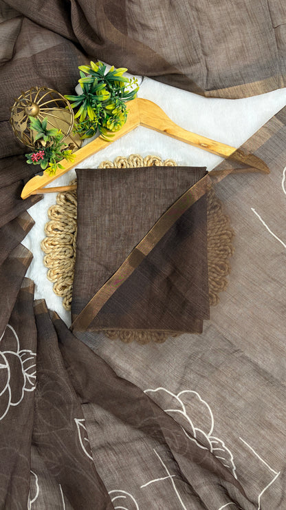 Cotton Linen Brown with Mehendi Tone Color Flower Print Saree￼