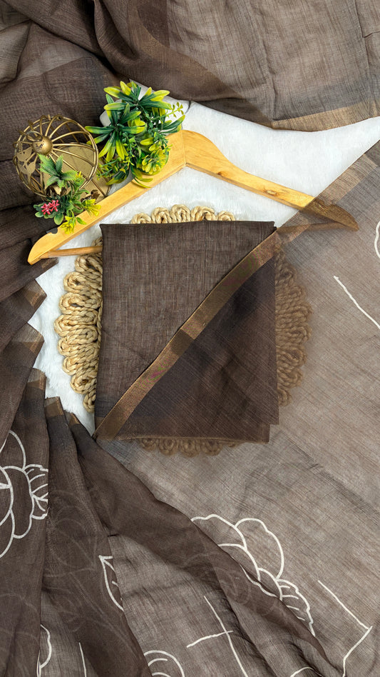 Cotton Linen Brown with Mehendi Tone Color Flower Print Saree￼
