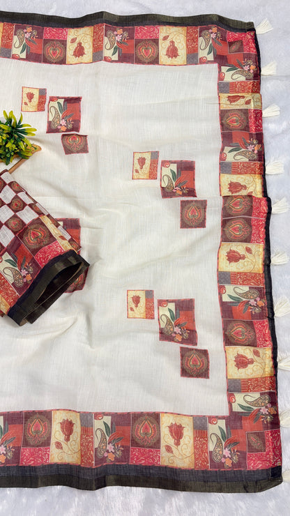 Cotton Linen White Color With Colorfull Printed Pallu Saree