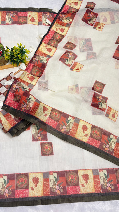 Cotton Linen White Color With Colorfull Printed Pallu Saree