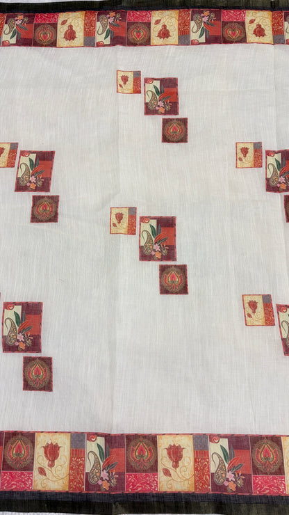 Cotton Linen White Color With Colorfull Printed Pallu Saree