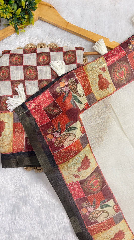 Cotton Linen White Color With Colorfull Printed Pallu Saree