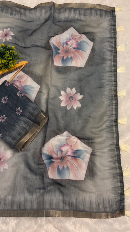 Cotton Linen Dual Grey Color Flower Print Saree