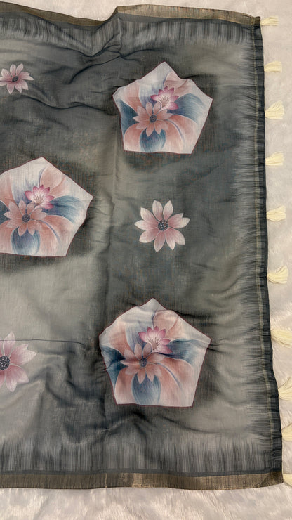 Cotton Linen Dual Grey Color Flower Print Saree