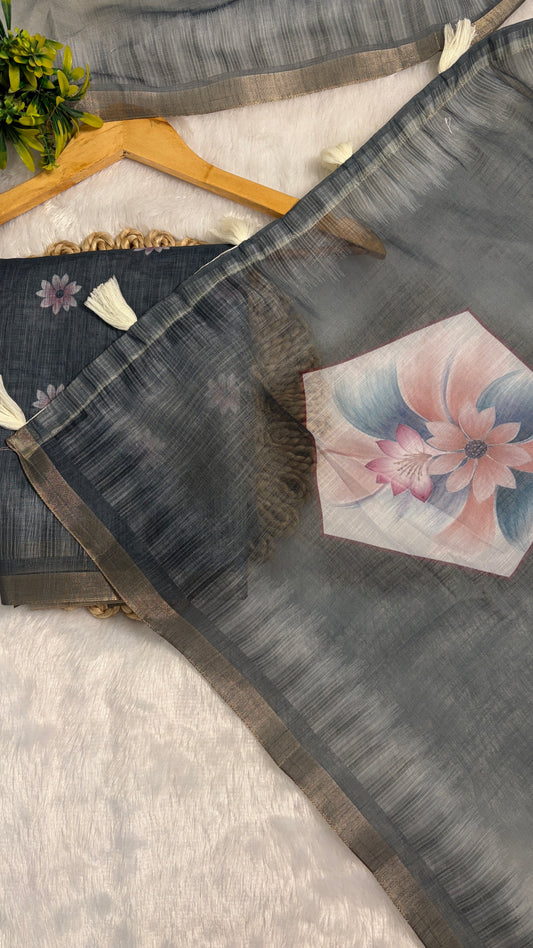 Cotton Linen Dual Grey Color Flower Print Saree