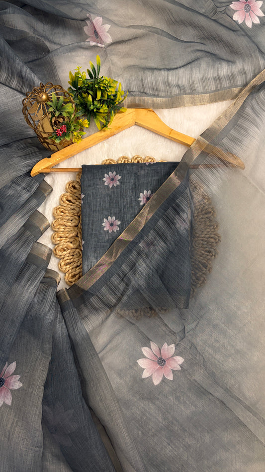 Cotton Linen Dual Grey Color Flower Print Saree