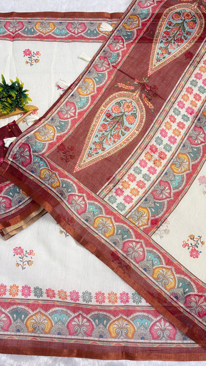 Cotton Linen Multicoloured Royal Heavy Printed Saree