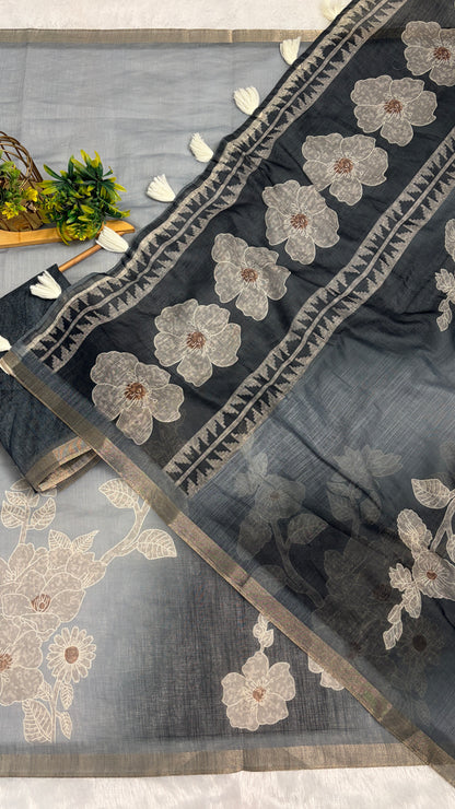 Cotton Linen Dual Grey Color Flower Print Saree
