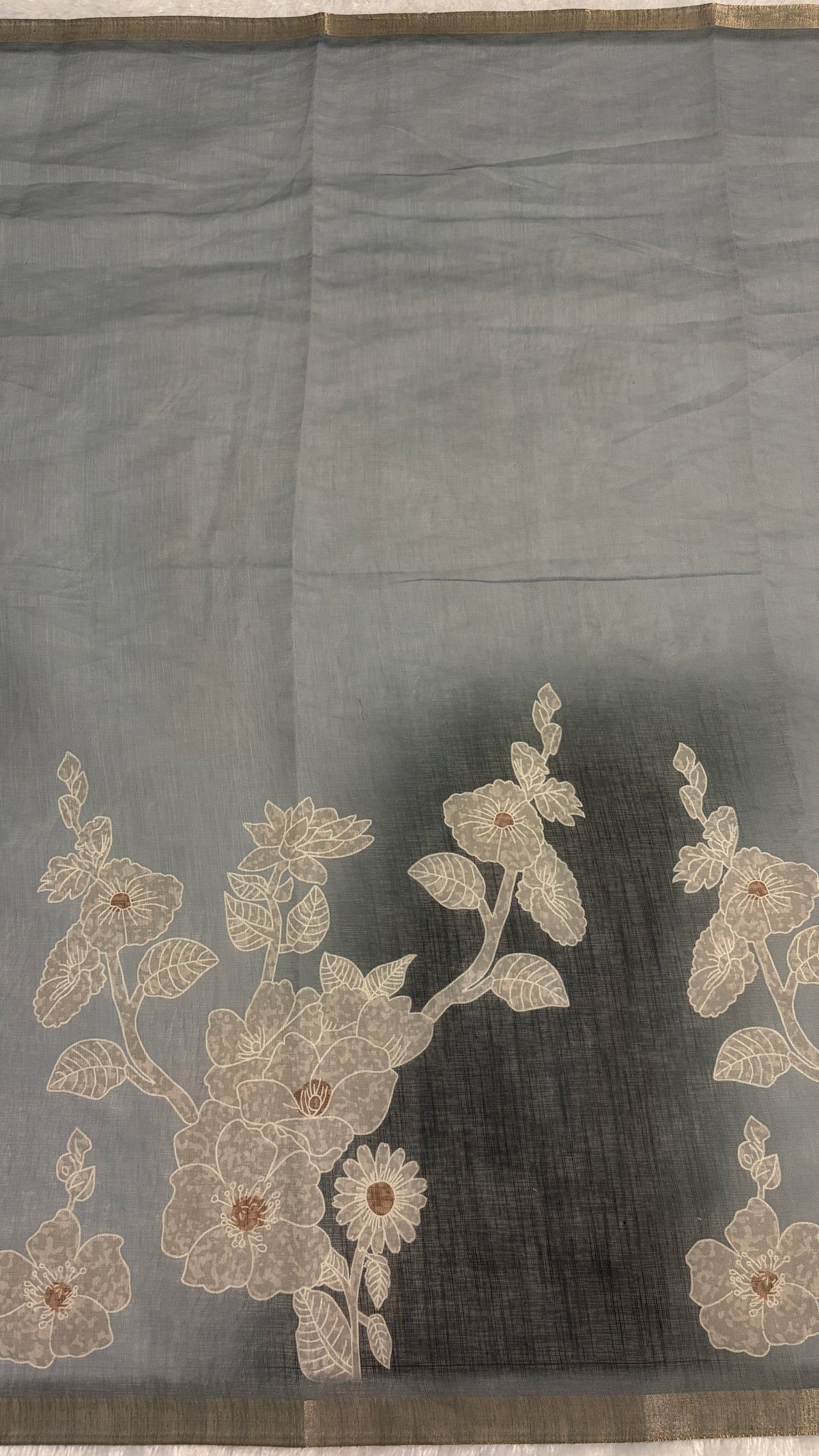 Cotton Linen Dual Grey Color Flower Print Saree