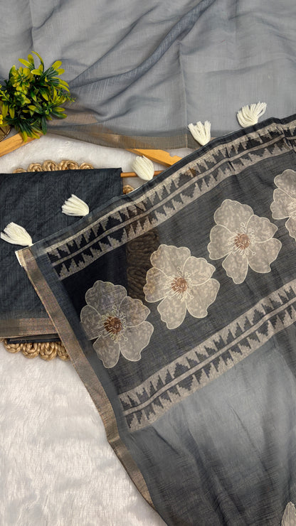 Cotton Linen Dual Grey Color Flower Print Saree