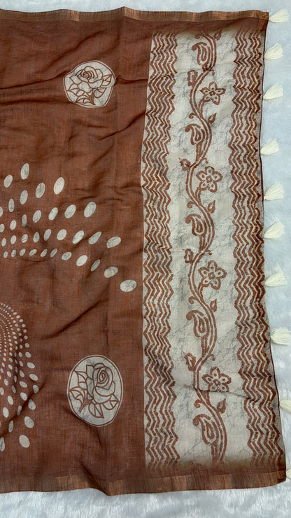 Cotton Linen Rust Color Abstract Print Saree